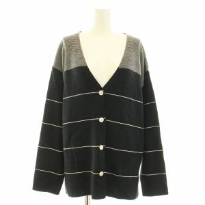 SPORTS ニットカーディガン 長袖 Vネック ボーダー柄 ウール ロゴ 刺繍 L 黒 ブラック
