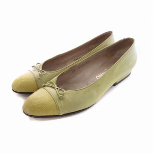 パンプス パイソン型押しレザー リボン エナメル 6.5 24.5cm ライトグリーン /RK GY14