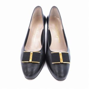 Salvatore Ferragamo パンプス マドニエ レザー チャンキーヒール 7 24.5cm 黒 ブラック