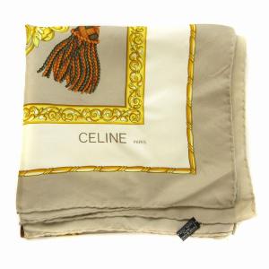 CELINE スカーフ 総柄 タッセル チェーン 絹 シルク ベージュ マルチカラー