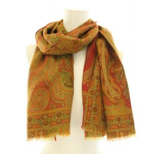ETRO 大判ストール マフラー スカーフ フリンジ ペイズリー柄 ウール 絹 シルク混 緑 グリーン 赤 レッド
