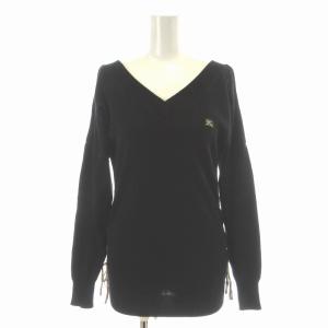 チュニック ニット カットソー 長袖 Vネック ロゴ刺繍 サイドリボン ノバチェック ドロップショルダー 38 M 黒 ブラック