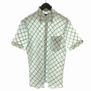 ボタンダウンシャツ カジュアル 半袖 チェック ロゴ刺繍 2 M 水色 緑 グリーン 茶 ブラウン /NW3