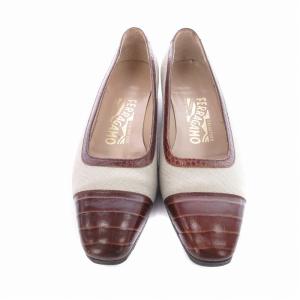 Salvatore Ferragamo パンプス スクエアトゥ チャンキーヒール ローヒール レザー クロコ型押しレザー 切替  6.5 24.0cm 茶 ブラウン