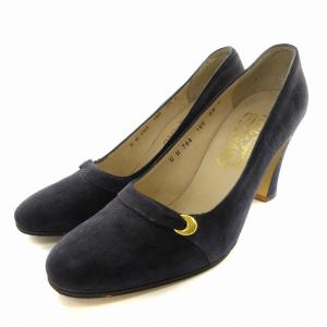 パンプス スエード ハイヒール チャンキーヒール 6.5 24.0cm 紺 ネイビー