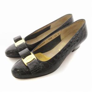 ブティック Boutique パンプス ヴァラ アーモンドトゥ ローヒール チャンキー リボン クロコ型押しレザー