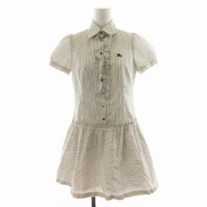 シャツワンピース ストライプ ギャザー フリル ミニ 半袖 ロゴ刺繍 38 S 白 ホワイト ベージュ