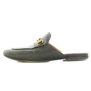 GUCCI レザースリッパ フラットシューズ ラウンドトゥ プリンスタウン 装飾 37 24cm 黒 ブラック 423513