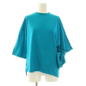 カットソー 五分袖 クルーネック アシンメトリー ストレッチ 無地 38 M 青 ブルー タグ付き