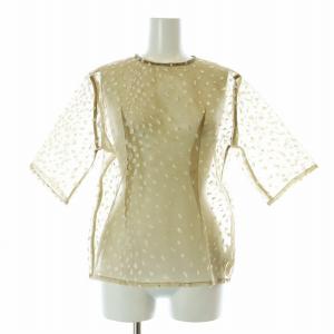 カットソー 五分袖 クルーネック シアー ドット F カーキ 白 ホワイト /KU GY30