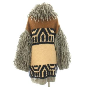 STELLA McCARTNEY ニットカーディガン ロング丈 オーバーサイズ フリンジ 編み込み ウール 38 S グレー 茶 ブラウン