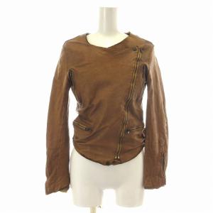 ライダースジャケット 革ジャン カウレザー ダブル ジップアップ ノーカラー XXS 茶 ブラウン