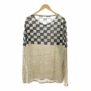 KAPITAL Tシャツ カットソー ロンT プルオーバー 長袖 市松模様 麻 リネン100％ M ベージュ ネイビー