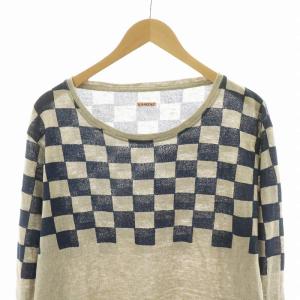 KAPITAL Tシャツ カットソー ロンT プルオーバー 長袖 市松模様 麻 リネン100％ M ベージュ ネイビー