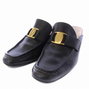 Salvatore Ferragamo ミュール サンダル チャンキーヒール ヴァラ レザー 7C 24.5?p 黒 ブラック