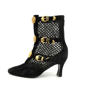 GIANNI VERSACE メデューサブーツ ショート スエード メッシュ ピンヒール 7.5cm 36 23.0cm 黒 ブラック