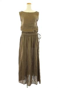 ウォッシャブルフレンチリネンマキシワンピース ロング 2way ノースリーブ 茶