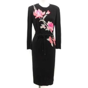 ワンピース ロング ミモレ丈 七分袖 花柄 肩パット 黒