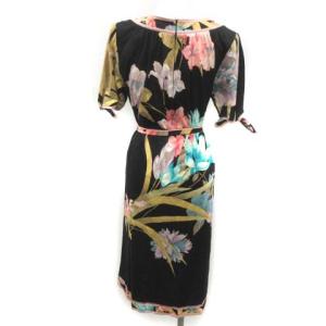 LEONARD ワンピース ロング ミモレ丈 半袖 ベルト付き 花柄 肩パット M 黒 黄