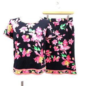 セットアップ 上下 カットソー ひざ丈スカート 花柄 フローラル 40 L 紺