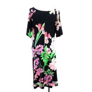 LEONARD ワンピース 半袖 ロング 花柄 フローラル シルク100％ 大きいサイズ 42 XL 紺