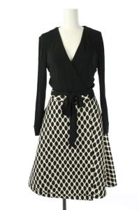 ラップワンピース 長袖 台形 膝丈 切替 柄 シルク混 2 黒 白