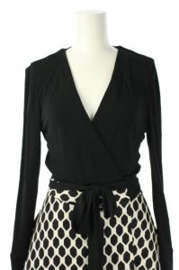 DIANE von FURSTENBERG ラップワンピース 長袖 台形 膝丈 切替 柄 シルク混 2 黒 白