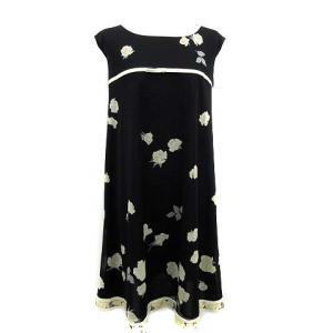 ワンピース ノースリーブ ひざ丈 花柄 バラ フローラル リボン 38 M 黒