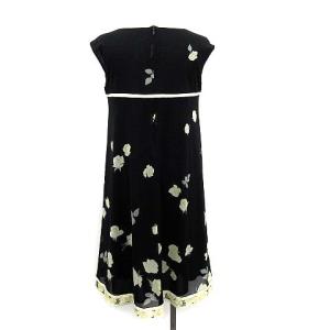 LEONARD ワンピース ノースリーブ ひざ丈 花柄 バラ フローラル リボン 38 M 黒