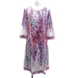 ワンピース 七分袖 ロング 花柄 フローラル クルーネック 42 XL 大きいサイズ 紫 白