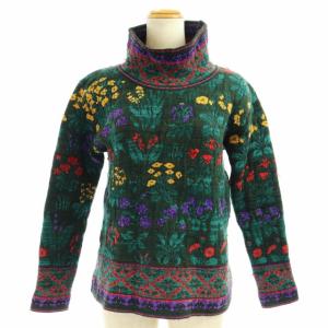 KENZO セットアップ スカート ニット セーター 長袖 ハイネック タイトスカート ひざ丈 花柄 フラワー ウール 緑 グリーン