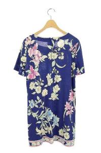 LEONARD ワンピース 半袖 フレア ミニ 花柄 スクエアネック 40 青