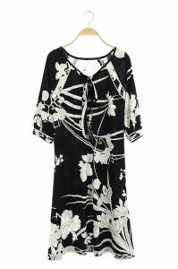 ワンピース 五分袖 台形 膝丈 リボン パールボタン 花柄 L 黒 白