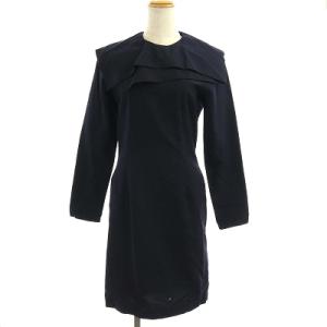 ヴィンテージ ワンピース ひざ丈 長袖 ウール シルク混 変形 S 紺 ネイビー TO-08011S