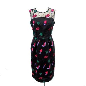 ワンピース ノースリーブ ひざ丈 シースルー チュール ワッペン 36 黒 ブラック ピンク