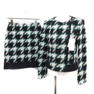 スーツ セットアップ 上下 ジャケット 台形 スカート ひざ丈 ガングラブチェック 36 S 
 ブラック グリーン 白