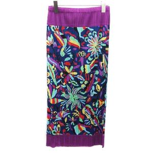 スカート ロング マキシ プリーツ 総柄 4 XL 紫 パープル 水色 ライトブルー 