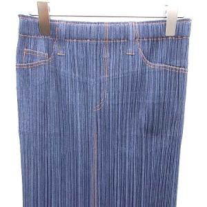 PLEATS PLEASE ISSEY MIYAKE スカート ロング マキシ プリーツ デニム柄 イージー 4 XL 紺 ネイビー オレンジ 