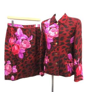 スーツ セットアップ ジャケット スカート ひざ丈 花柄 シルク ウール 11L ボルドー