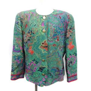 FASHION ヴィンテージ ノーカラージャケット 総裏地 肩パット入 総柄 11AR グリーン