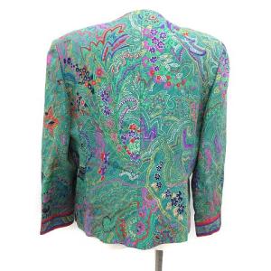 LEONARD FASHION ヴィンテージ ノーカラージャケット 総裏地 肩パット入 総柄 11AR グリーン