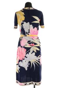 LEONARD ワンピース 半袖 台形 膝丈 花柄 ベルトリボン クルーネック M 紺 マルチカラー ネイビー