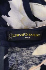 LEONARD ワンピース 半袖 台形 膝丈 花柄 ベルトリボン クルーネック M 紺 マルチカラー ネイビー