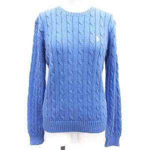 ニット セーター クルーネック ケーブル編み ポニー 刺繍 M ブルー 