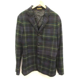 テーラードジャケット チェック ウール 3B M 緑 グリーン 紺 ネイビー