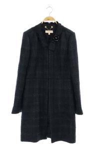 コート ツイード ロング ビジュー装飾 6 紺 ネイビー