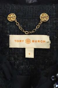 TORY BURCH コート ツイード ロング ビジュー装飾 6 紺 ネイビー