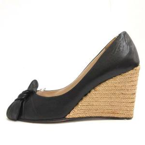 PRADA サンダル パンプス オープントゥ ウエッジソール 切り替え レザー リボン 37 ブラック