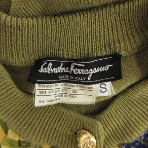Salvatore Ferragamo ヴィンテージ ウールシルク総柄ニットカーディガン S カーキ