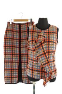 セットアップ 上下 カットソー ノースリーブ スカート ロング ミモレ タイト ニット チェック 40 ベージュ オレンジ